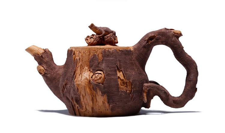 仿木外皮紫砂壺，創(chuàng)意木樁手工雕刻紫砂壺